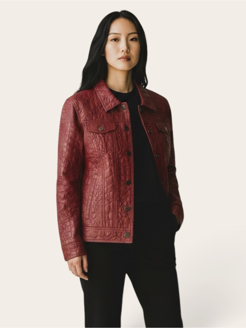 Burgundy 100% genuine leather Croc-Embossed Jacket - Women's Fashion Coat